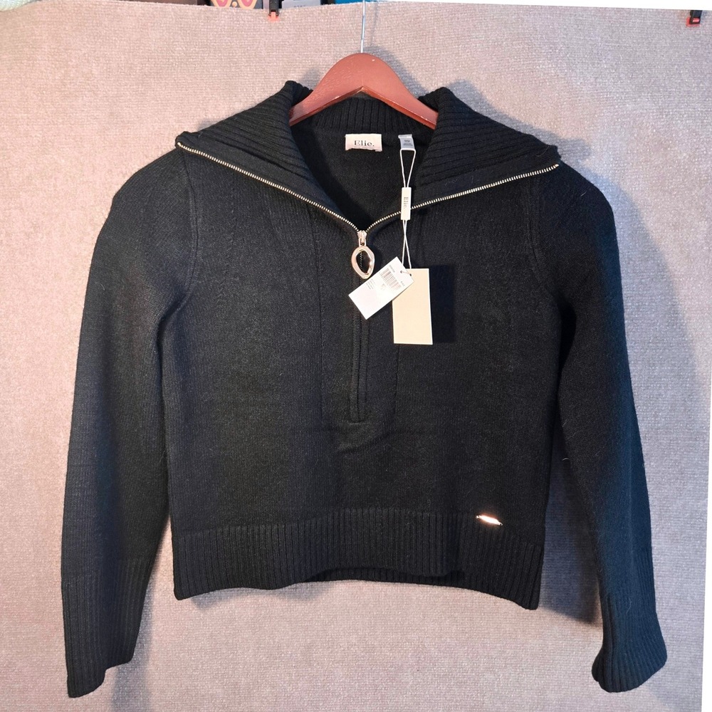 Elie Tahari Black Half-Zip Cropped Sweater Gold O-Ring EH541054 NWT Women‎ M